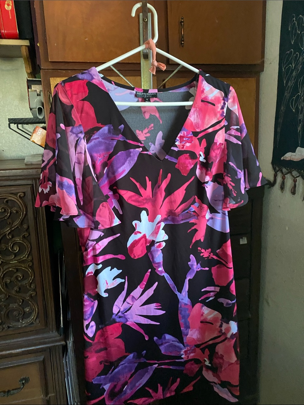 connected apparel Black Floral V-Neck Flutter Sleeve Tunic with Pink & Purple